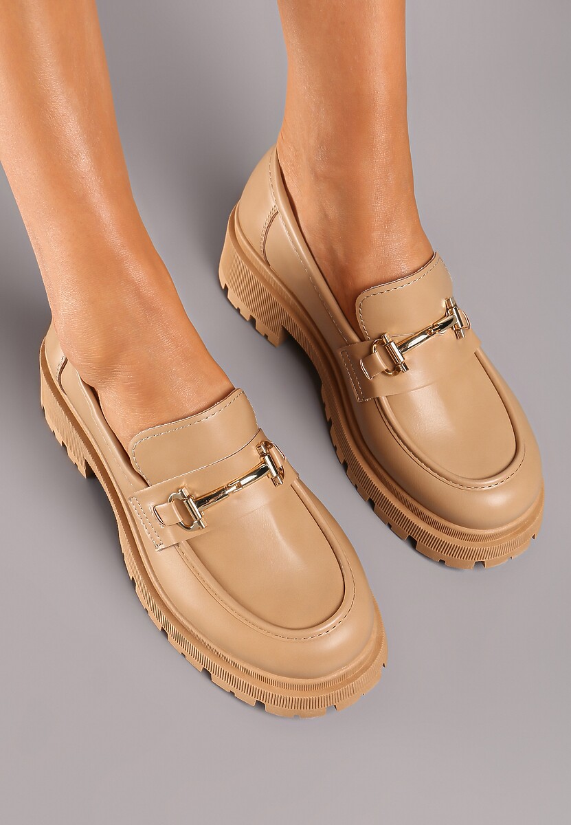 Ciemnobeżowe Mokasyny na Platformie z Klamrą Cleiris