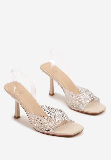 Beżowe Sandały na Szpilce z Transparentną Cholewką Zdobioną Cyrkoniami Atelisea