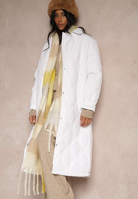 Biały Długi Płaszcz Kurtka Ozdobiona Pikowaniem Hamid