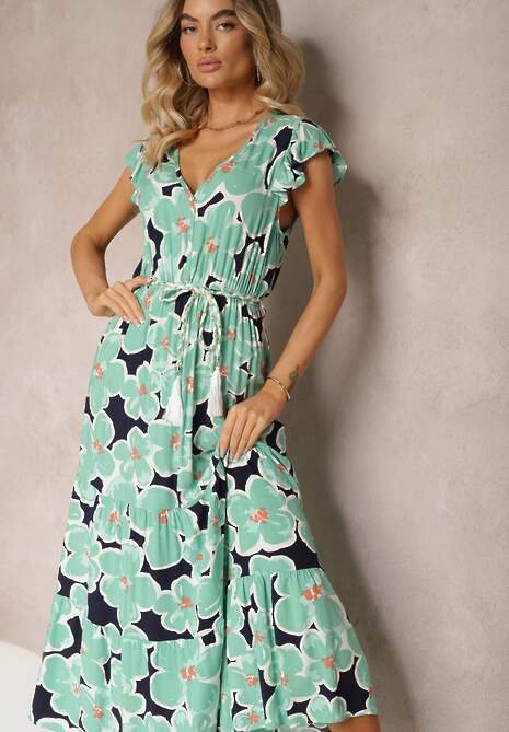 Zielona Kwiecista Sukienka z Wiskozy z Gumką w Talii Wiązana Materiałowym Paskiem Vikennia