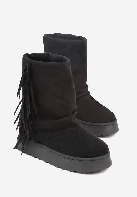 Czarne Botki Śniegowce z Wywiniętą Cholewką Zdobioną Frędzlami Sewela