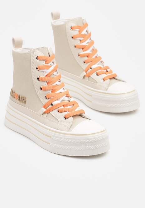 Beżowe Trampki z Cholewką za Kostkę i Kontrastowym Sznurowaniem Rivloti