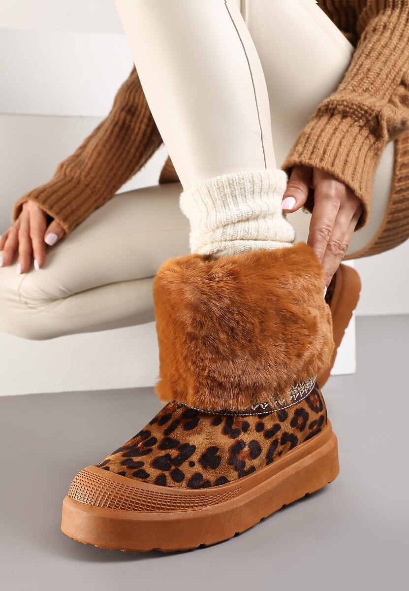 Brązowe Śniegowce na Płaskiej Podeszwie Ozdobione Futerkiem Haftem i Wzorem w Panterkę Lannetea