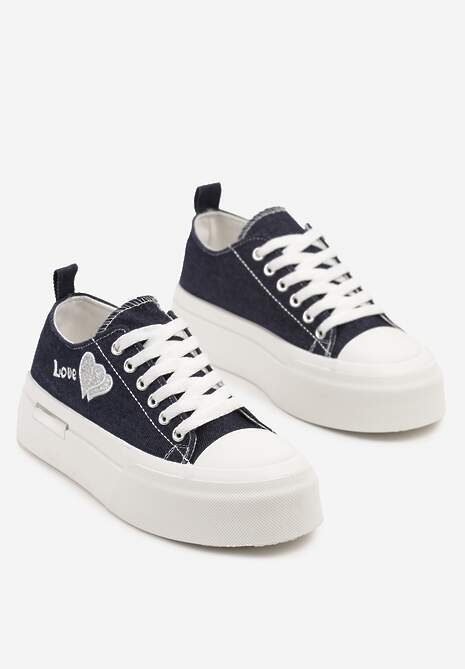 Granatowe Trampki na Platformie z Ozdobnym Napisem i Sercem Laviere