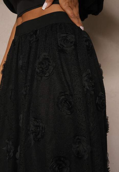 Czarna Tłoczona Spódnica o Rozkloszowanym Kroju z Gumką w Pasie Folunetta