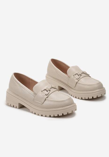 Beżowe Mokasyny na Płaskim Obcasie z Klamerką i Dziurkowaniem Aielsit