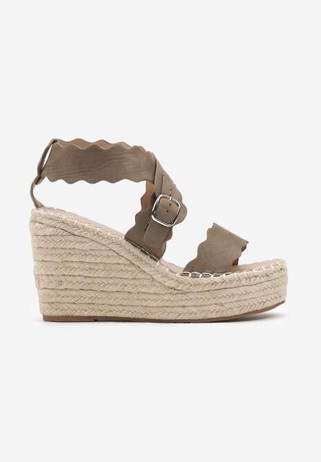 Ciemnozielone Sandały na Koturnie z Juty z Ozdobnymi Paskami Rhexinn