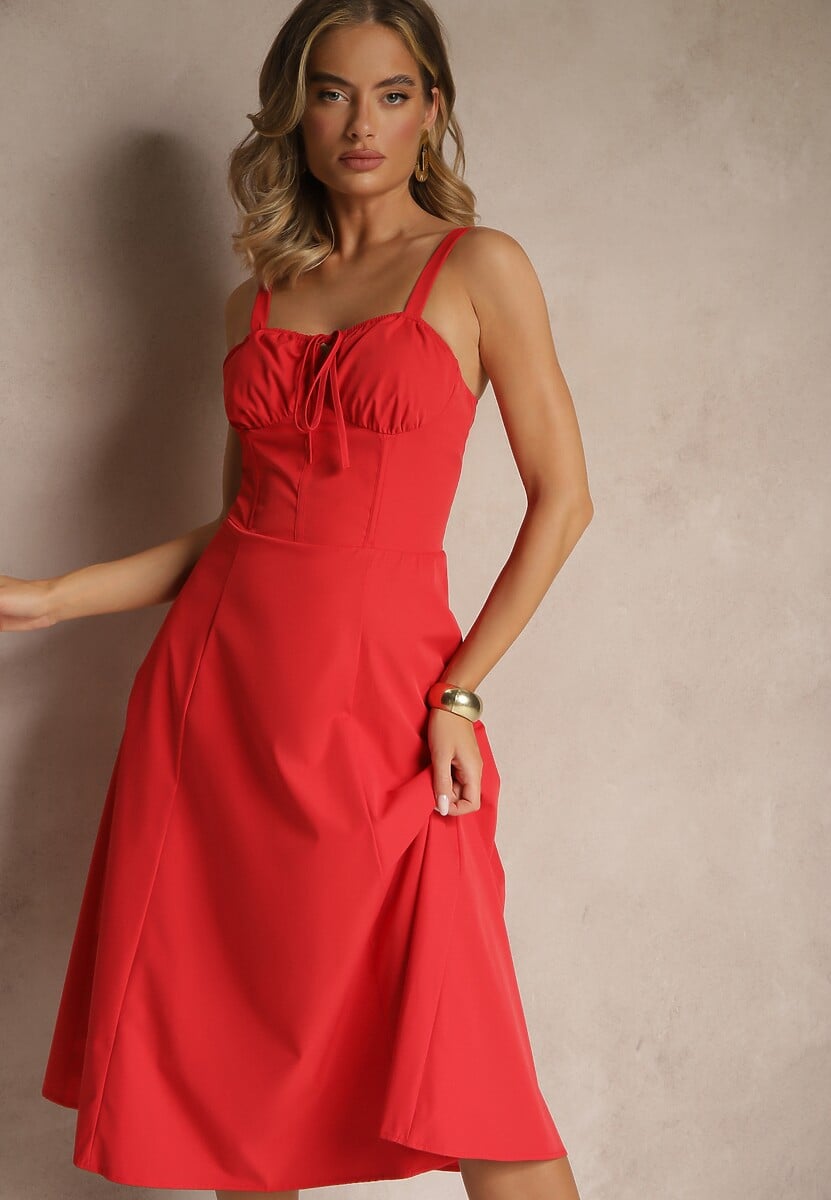 Czerwona Koktajlowa Sukienka Gorsetowa Vices z Rozkloszowanym Dołem Kolinnea