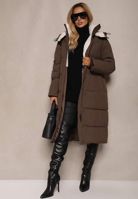 Brązowa Pikowana Kurtka o Długim Kroju z Odpinanym Kapturem i Kieszeniami Etanore