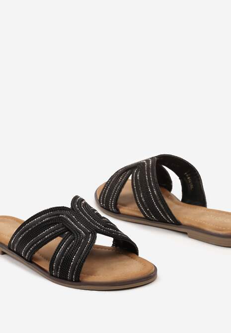 Czarne Klapki z Plecionki Ozdobione Cyrkoniami Auioma