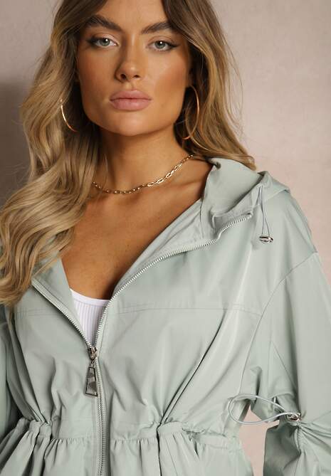 Jasnoniebieska Kurtka Parka Ściagana w Pasie Troczkami z Kapturem Evisanale