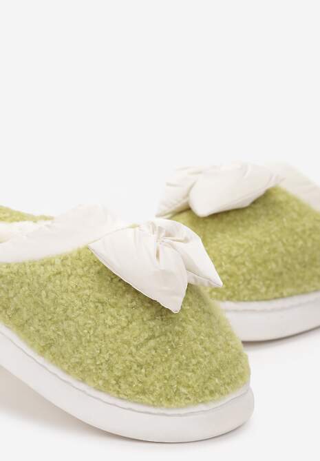 Zielone Kapcie z Futrzanego Kożuszka z Kokardką Hilusa