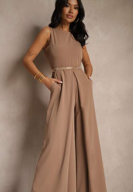 Ciemnobeżowy Kombinezon Bez Rękawów z Nogawkami Wide Leg Noreldi