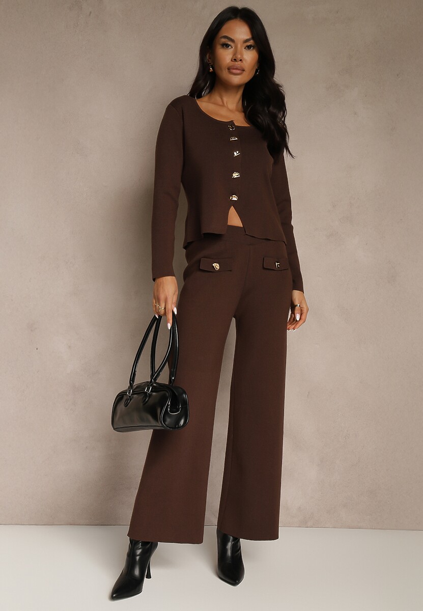 Brązowy Elegancki Komplet z Dzianiny z Wiskozą Kardigan i Spodnie Delinavea