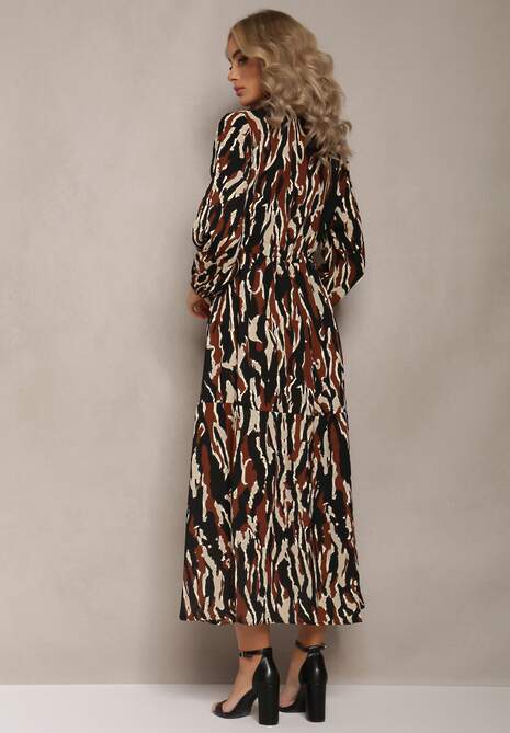 Czarna Sukienka Rozkloszowana w Abstrakcyjny Wzór Koso