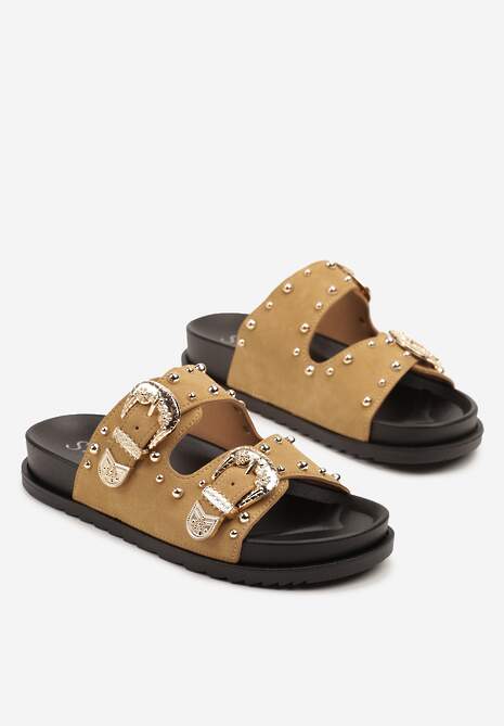 Brązowe Klapki z Ozdobnymi Sprzączkami i Nitami Ulkio