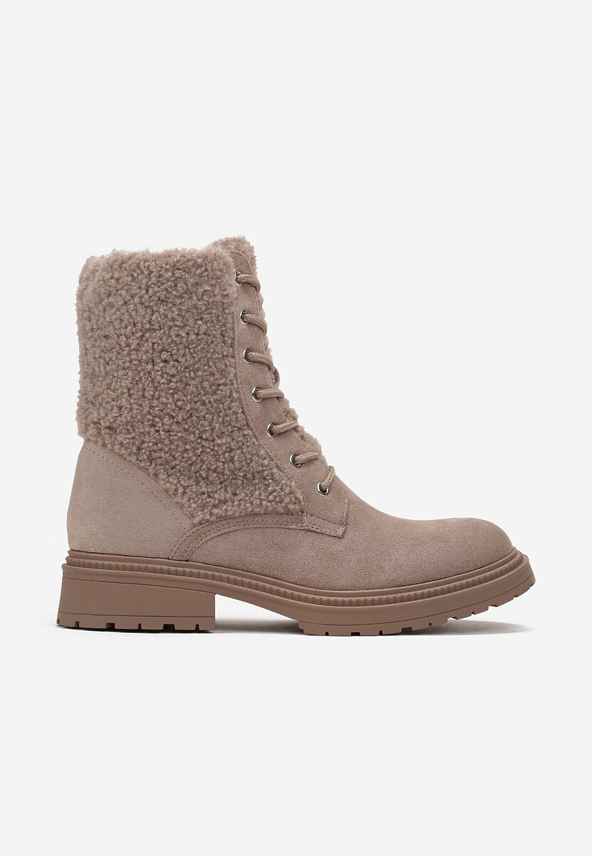Beżowe Botki Workery z Ozdobnym Futerkiem Sinuas