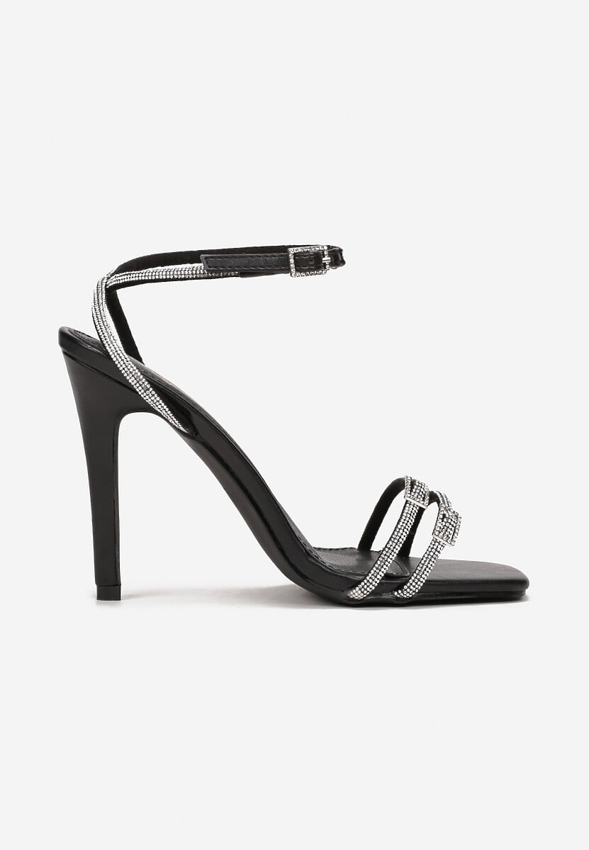 Czarne Sandały na Szpilce z Paskami ze Sprzączką i Cyrkoniami Rurmi