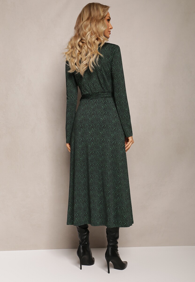 Ciemnozielona Koszulowa Sukienka Midi z Wiązanym Paskiem Xudilla
