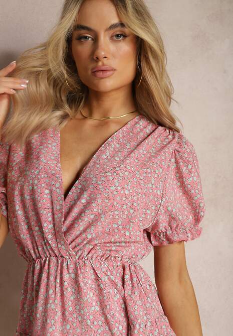 Różowa Krótka Sukienka Letnia z Gumką w Talii i Falbankami Jasimra