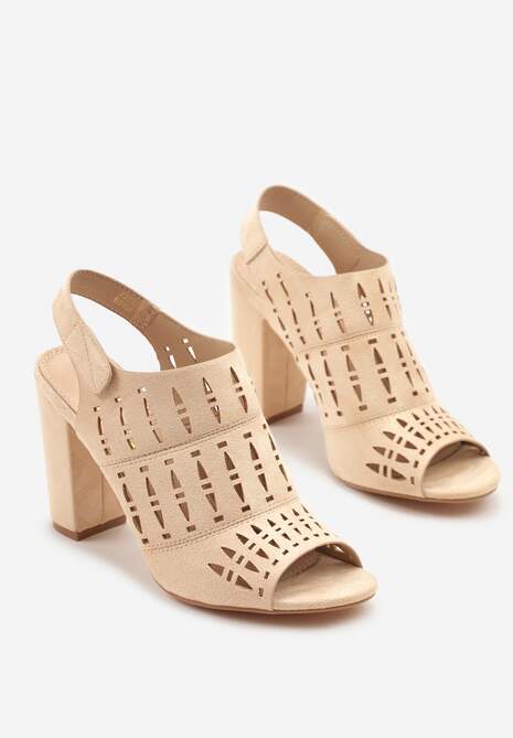 Jasnobeżowe Ażurowe Sandały na Słupku Vices ze Skórzaną Wkładką Linetelia