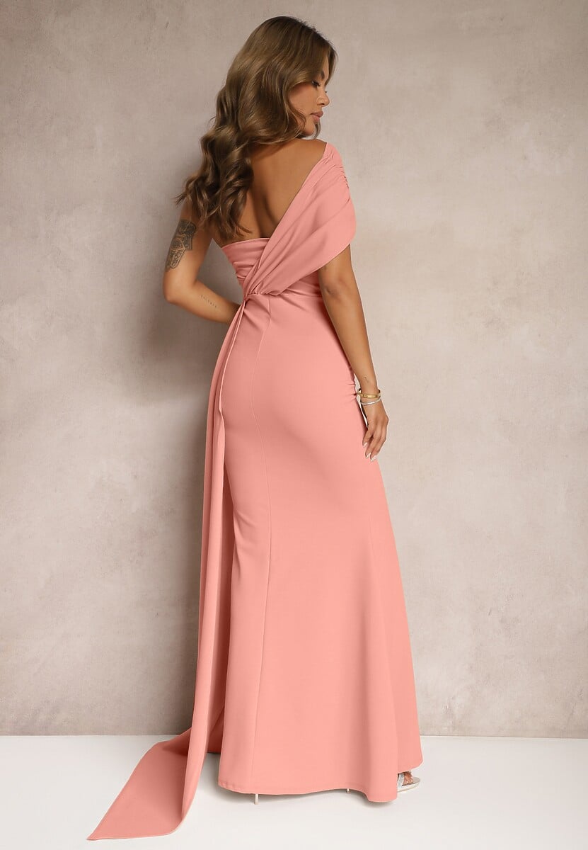 Różowa Sukienka Maxi bez Ramiączek z Ozdobnym Trenem i Marszczeniem Kaliel