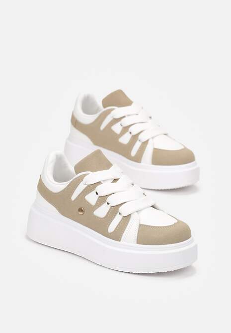 Ciemnobeżowe Sneakersy na Platformie z Szerokim Sznurowaniem Aklilu