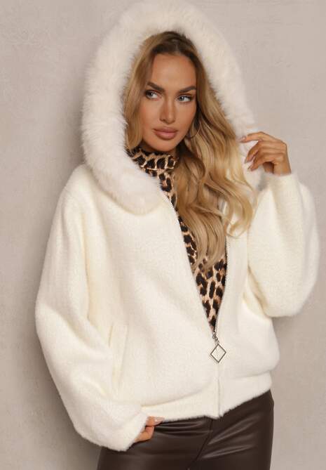 Jasnobeżowa Bluza Rozpinana z Wełną i Wiskozą Ozdobiona Futerkiem Vesalttia