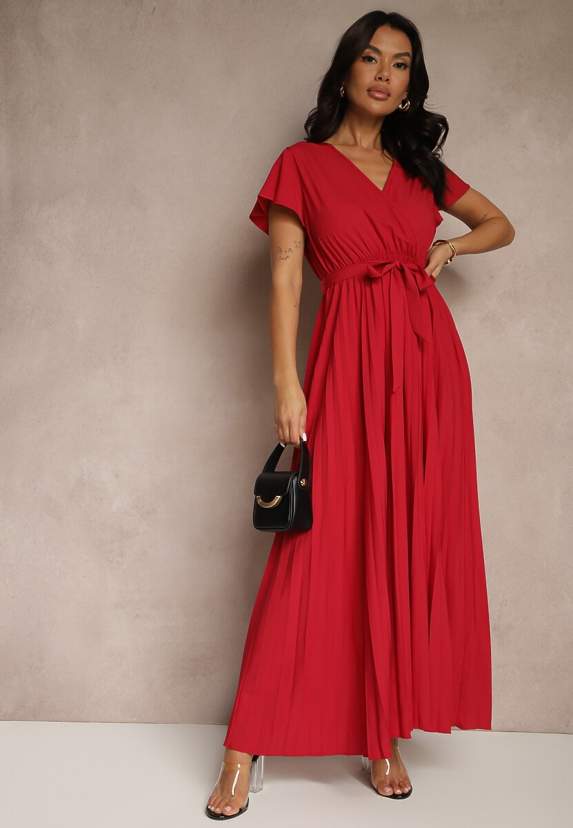 Bordowa Koktajlowa Maxi Sukienka Ozdobiona Plisami z Trójkątnym Dekoltem i Wiązaniem w Talii Phoelia