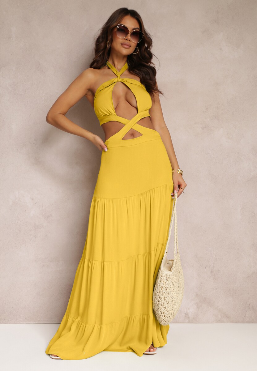 Jasnozielona Rozkloszowana Sukienka z Wiskozy z Wiązaniem i Wycięciami Kailen