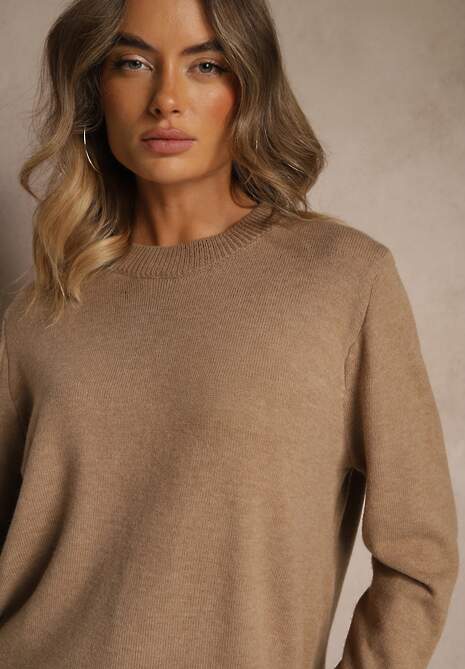 Ciemnobeżowy Klasyczny Sweter z Wełną i Bawełną Bez Zdobień Neandia