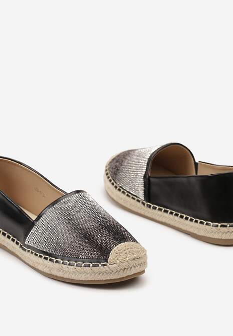 Czarne Płaskie Espadryle z Plecionką i Cyrkoniami Dadessa