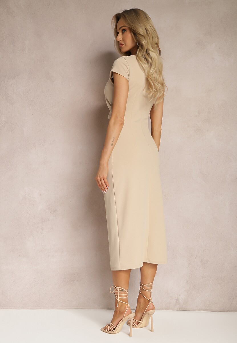 Beżowa Midi Sukienka z Kwadratowym Dekoltem Linerana