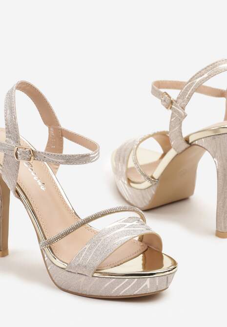 Złote Sandały z Wysoką Szpilką i Platformą Ozdobione Metalicznym Wzorem i Cyrkoniami Robinia