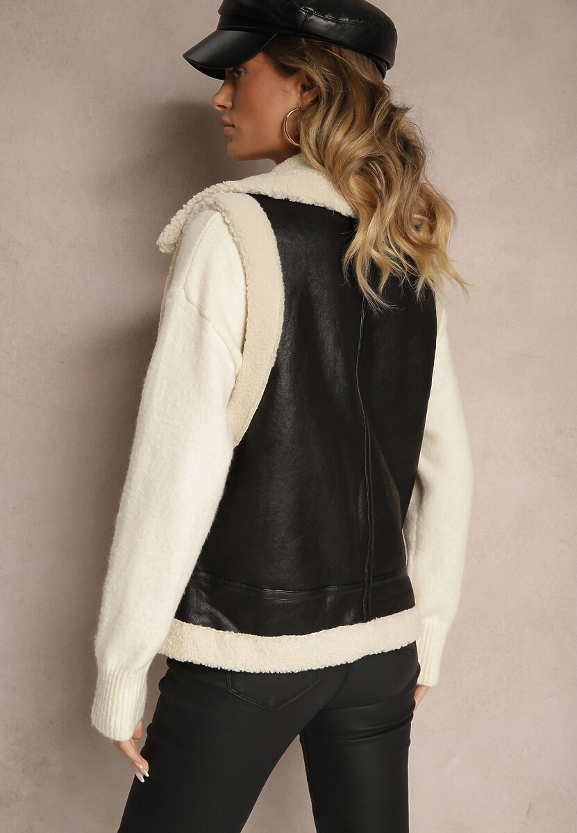 Czarna Kamizelka Ozdobiona Wstawkami z Futerka Reaelia