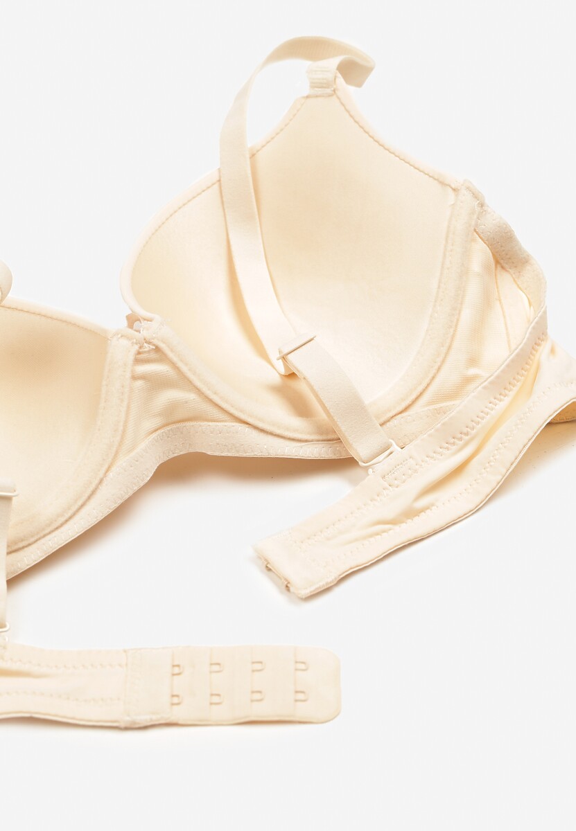Beżowy Biustonosz Miseczka B Push-Up na Regulowanych Ramiączkach Ozdobiony Aplikacją Alerisia