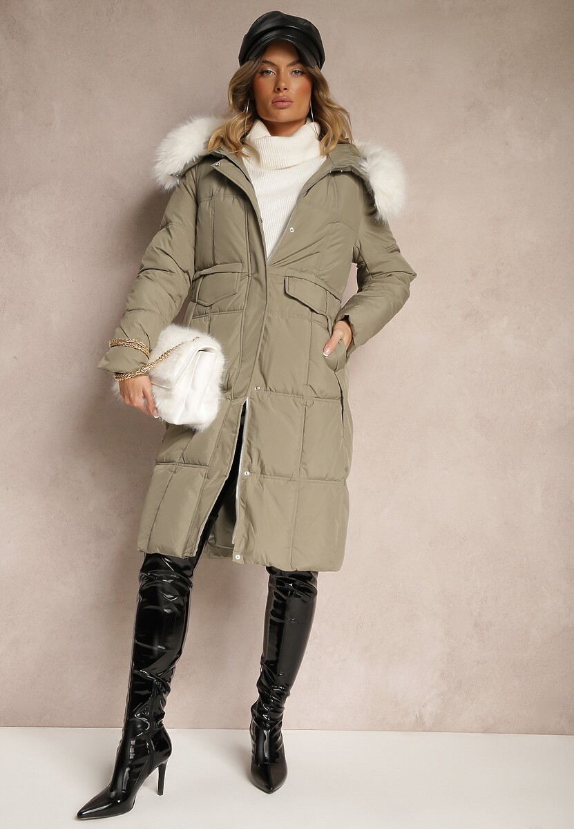 Zielona Długa Kurtka z Pikowanymi Przeszyciami i Kapturem z Odpinanym Futrem Pretinae