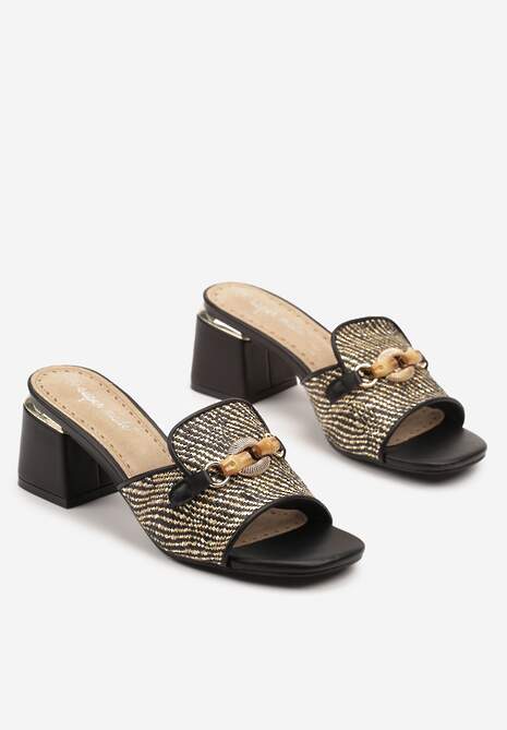 Czarne Tweedowe Klapki na Słupkowym Obcasie z Wkładką ze Skóry Naturalnej Selkio