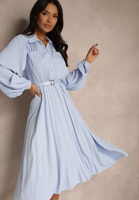 Niebieska Rozkloszowana Sukienka Midi z Guzikami i Paskiem Ozdobiona Plisowaniem Lathori