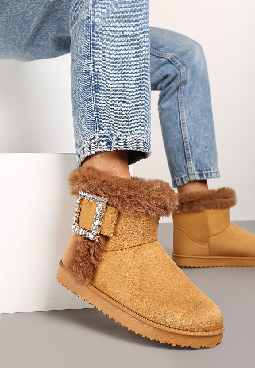 Brązowe Śniegowce  na Płaskiej Podeszwie z Futerkiem i Klamrą z Cyrkoniami Liliara