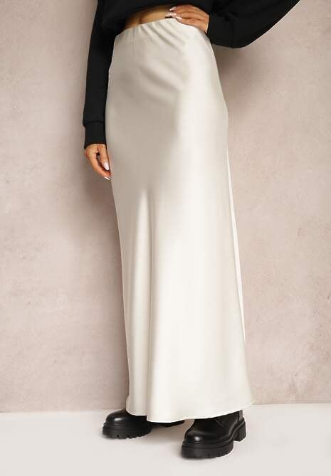 Jasnobeżowa Satynowa Spódnica Maxi High Waist Formia