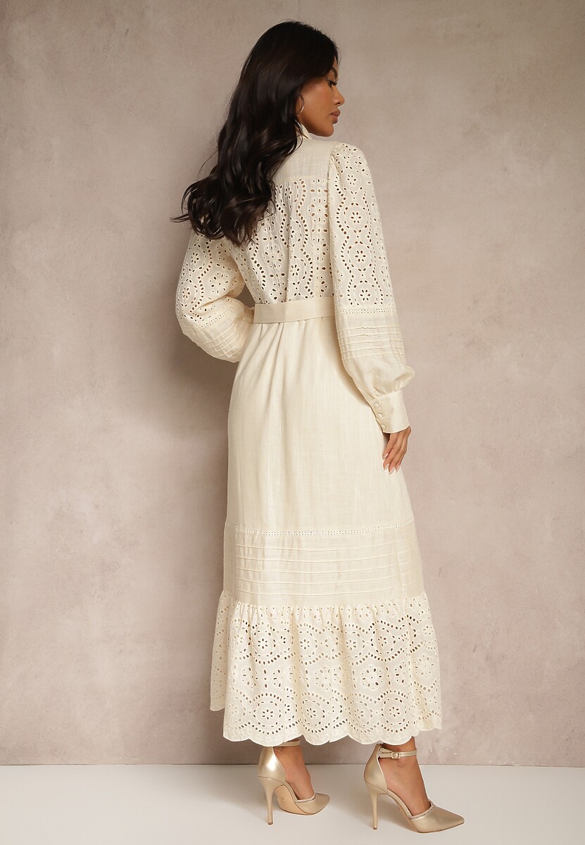 Beżowa Ażurowa Sukienka Koszulowa z Paskiem z Lnu i Wiskozy Arinemes