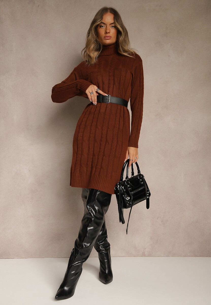 Brązowa Prążkowana Sukienka z Golfem z Dzianiny z Wełną Esandra