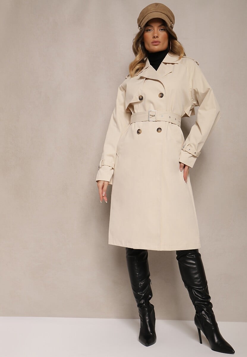 Czarny Dwurzędowy Płaszcz Typu Trencz z Pagonami i Paskiem w Talii Malwizia