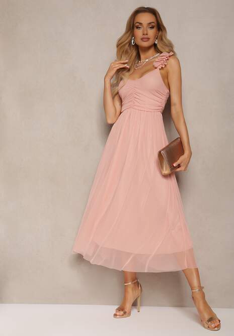 Różowa Rozkloszowana Sukienka na Ramiączkach z Gumką w Pasie z Falbankami Zafara