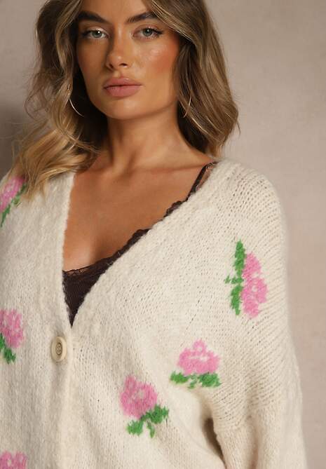 Jasnobeżowy Oversizowy Kardigan z Dodatkiem Wełny w Kwiaty Nelenesa