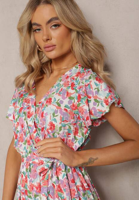 Różowo-Biała Wiskozowa Sukienka w Kwiaty z Kopertowym Dekoltem Tienn