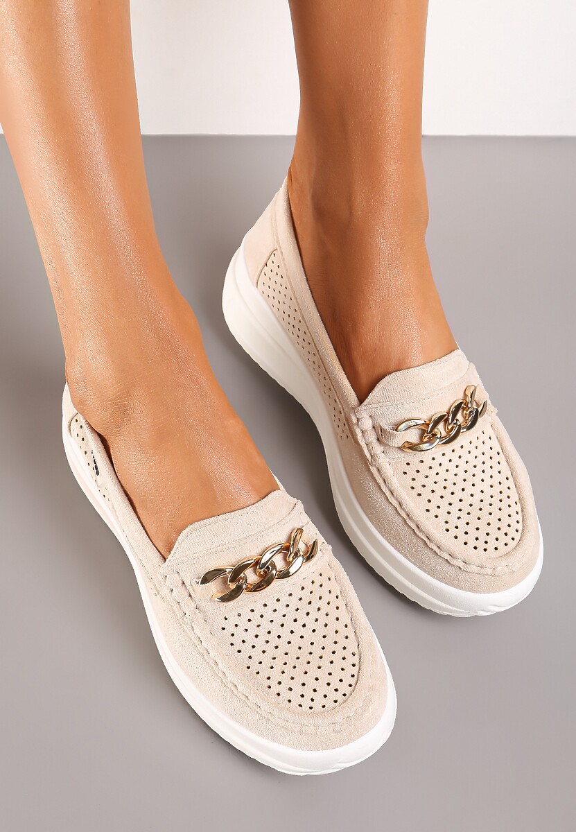 Beżowe Mokasyny na Platformie z Łańcuszkiem Himenna
