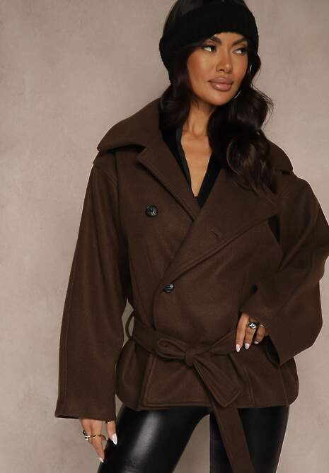 Brązowy Pudełkowy Krótki Płaszcz z Wiskozą z Wiązanym Paskiem i Kołnierzykiem Tusainea