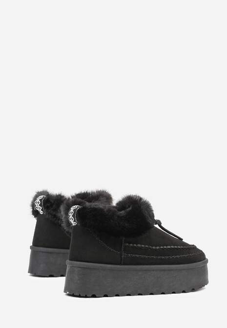 Czarne Śniegowce na Platformie Ozdobione Futerkiem i Przeszyciami Linerva